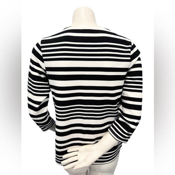 Chico’s Size 0 Black White Chevron Stripe Top V-Neck 3/4 Sleeve Stretch Rib Knit - Picture 2 of 9